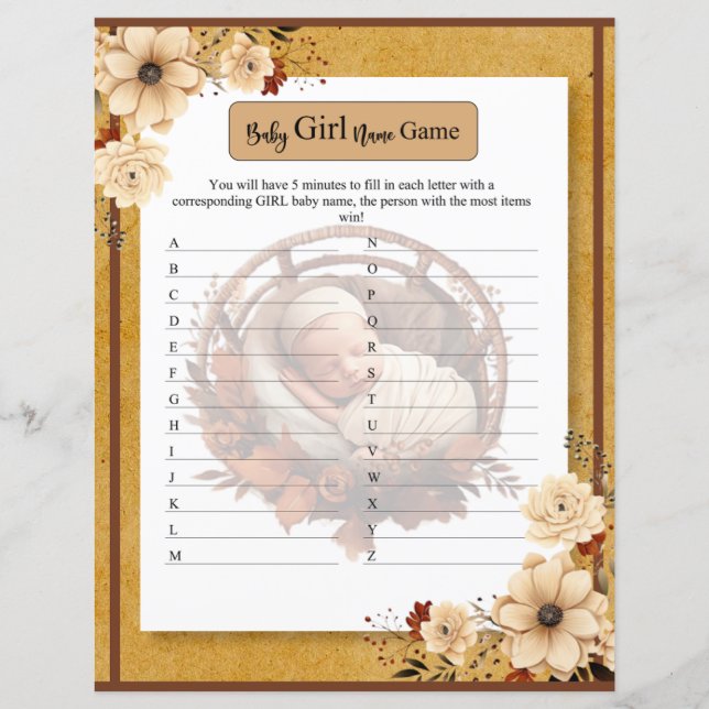 Rustic Boho Floral Chá de fraldas Baby Girl Jogo (Frente)
