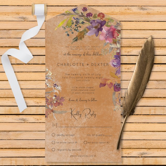 Rustic Boho Jewel Tone Florals Rust Janta (Also available with a QR code or without dinner selection options.)