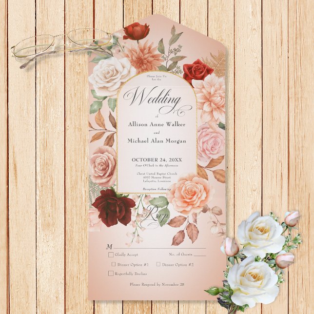 Rustic Boho Rust & Peach Floral Arch Blush Janto (Also available with a QR code or without dinner selection options.)
