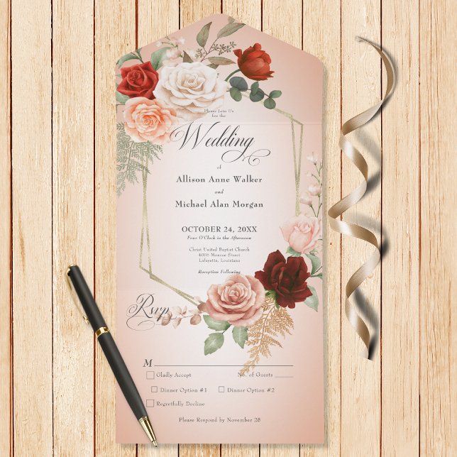 Rustic Boho Rust & Peach Floral Frame Blush Janto (Also available with a QR code or without dinner selection options.)