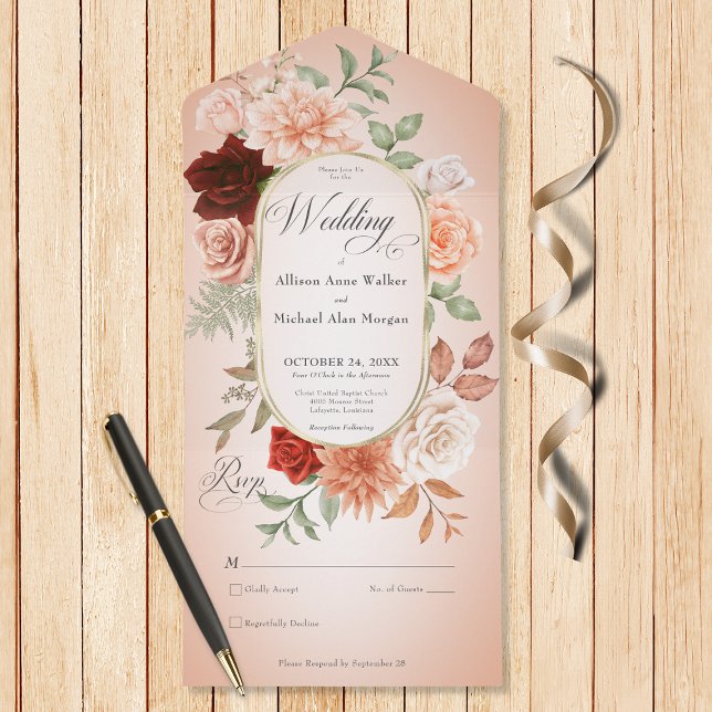 Rustic Boho Rust Peach Floral Oval Blush Sem Janto (Also available with a QR code or with dinner selection options.)