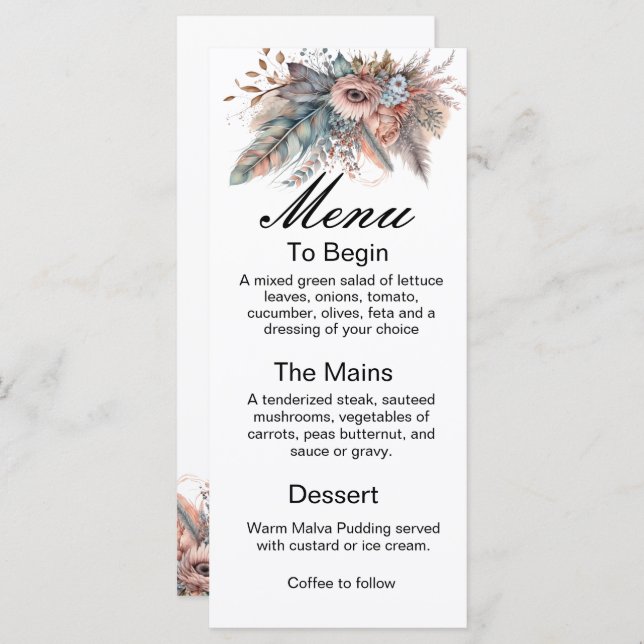 Rustic Boho Silver & Pink Floral Wedding Menu (Frente/Verso)