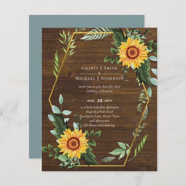 Rustic BOHO Sunflower Casamento Verde (Frente/Verso)
