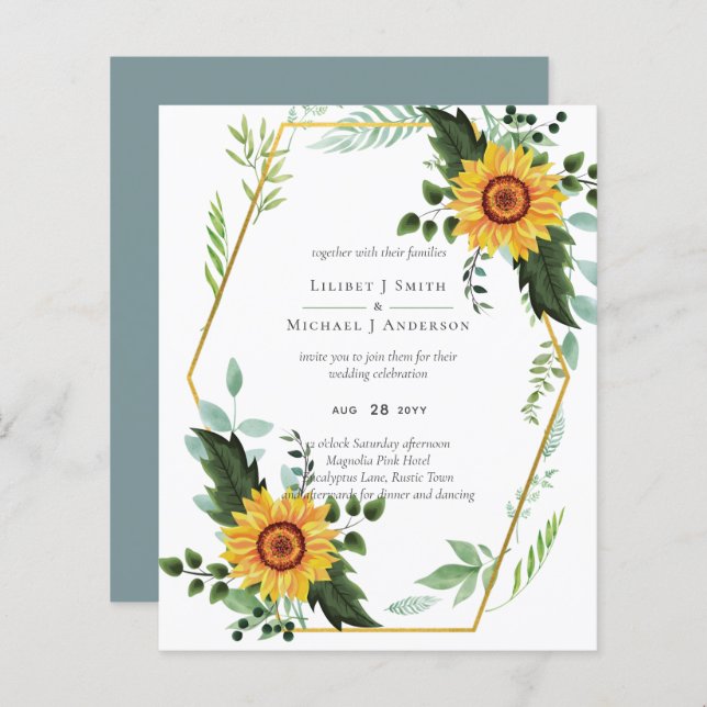 Rustic BOHO Sunflower Casamento Verde (Frente/Verso)