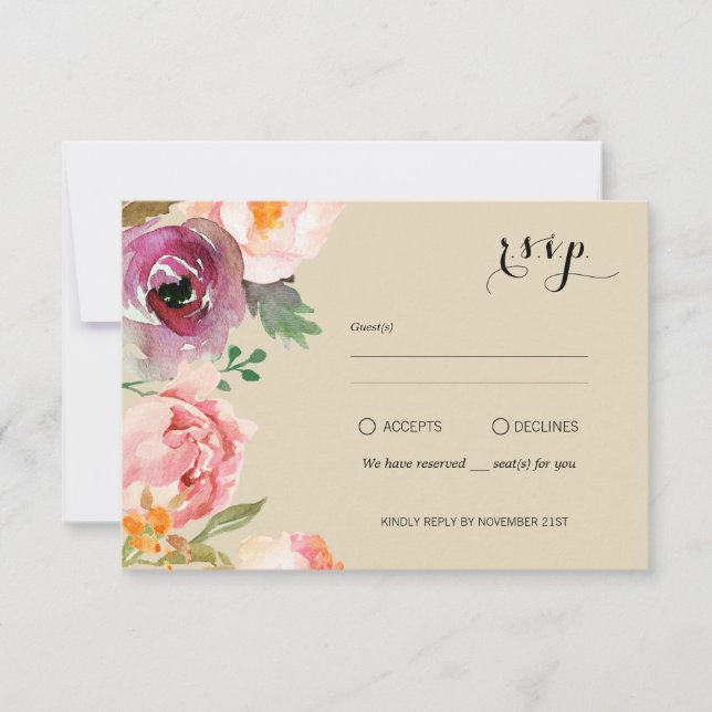 Rustic Boho Watercolor Flowers Casamento RSVP (Frente)