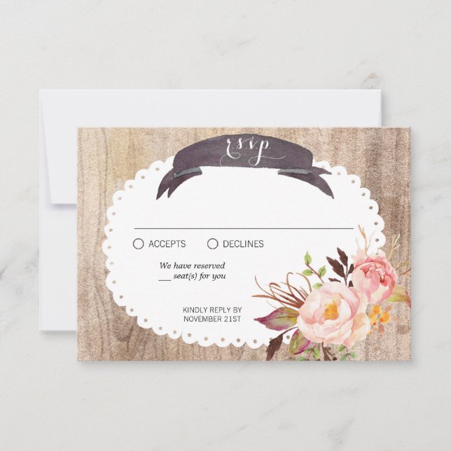 Rustic Boho Watercolor Flowers Wood RSVP (Frente)
