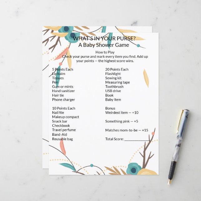 Rustic Boho What's In Your Purse Baby Shower Game (Frente/Verso In Situ)