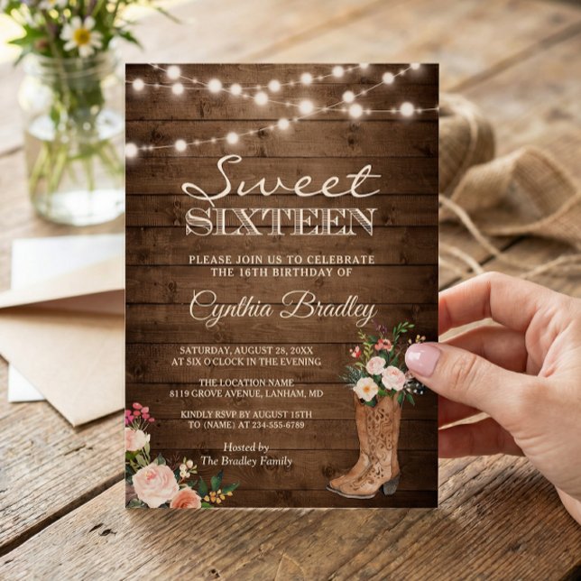 Rustic Boots Cowgirl Sweet Dezesseis 16 Convite (Criador carregado)