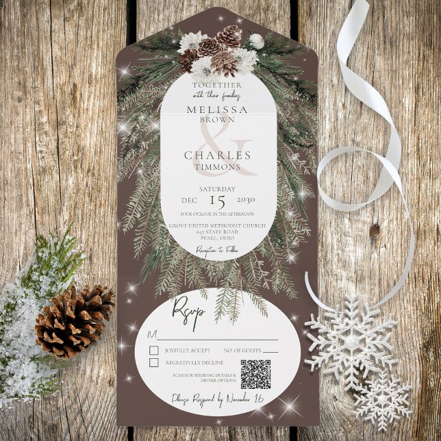 Rustic Brown Pine Winter Sparkle QR (Also available without a QR code; with or without dinner selection options.)