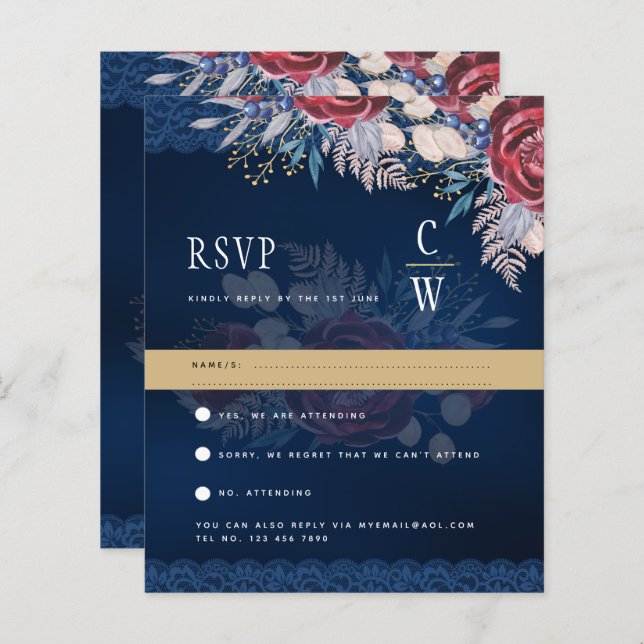 Rustic Burgundy Blue Floral Lace Casamento RSVP (Frente/Verso)