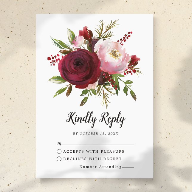 Rustic Burgundy Blush Floral Monogramas RSVP de Ca (Criador carregado)
