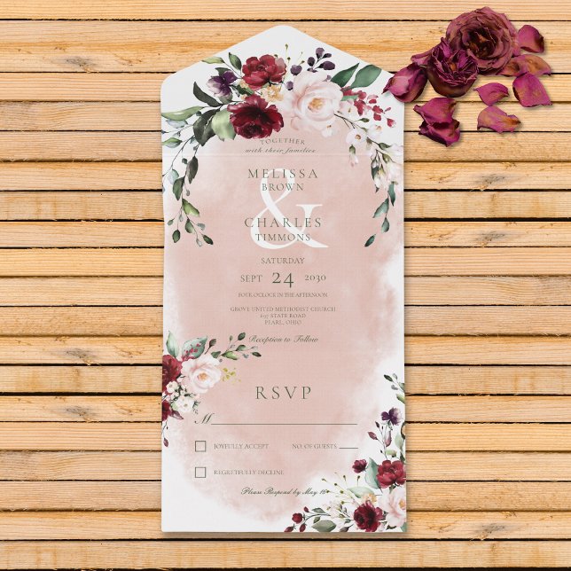Rustic Burgundy & Blush Pink Rosas Sem Janto (Also available with a QR code or with dinner selection options.)
