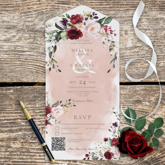 Rustic Burgundy & Blush Pink Roses QR Code (Also available without a QR code; with or without dinner selection options.)