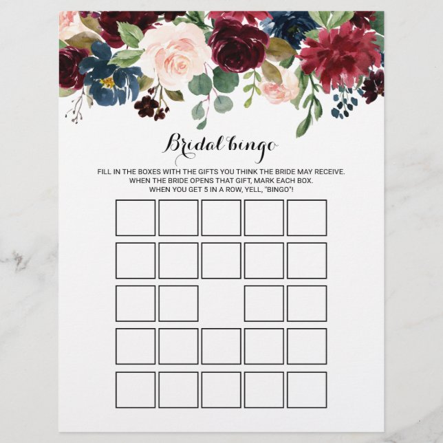 Rustic Burgundy Bridal Bingo, Jogo de Chá de panel (Frente)