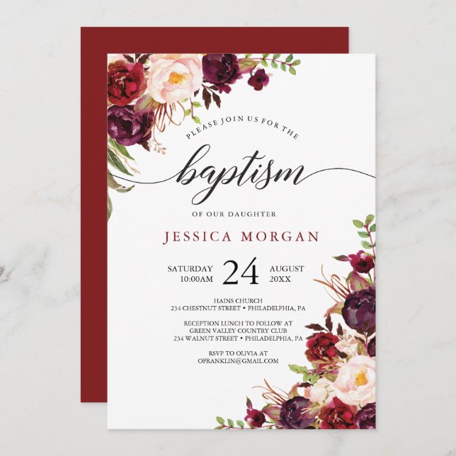 Rustic Burgundy Marsala Baptism Convite (Frente/Verso)