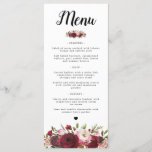 Rustic Burgundy Marsala Blush Menu<br><div class="desc">Cartões de menus florais elegantes com um fundo branco clássico na frente, um conjunto de flores florais de marsala vermelha, burgundy & blush cor-de-água rosa, e uma opção de menu modelo========================================================================================== Para mais personalização, clique no botão "Personalizar" para modificar este modelo. Todos os estilos, cores e tamanhos de texto podem...</div>