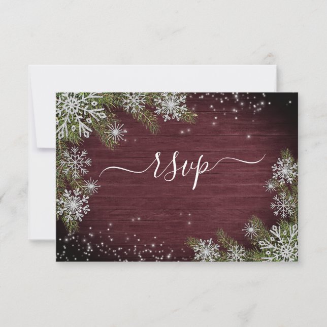 Rustic Burgundy Silver Winter Wood Casamento RSVP (Frente)