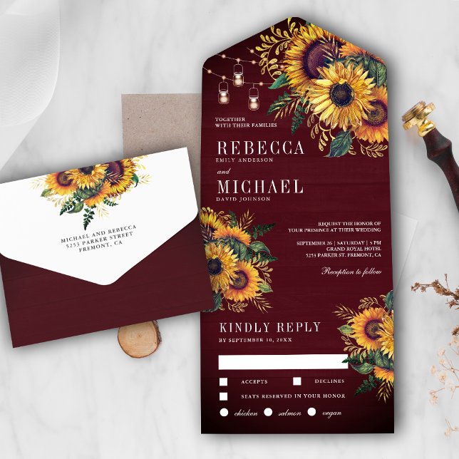 Rustic Burgundy Wood Boho Sunflowers Wedding (Criador carregado)
