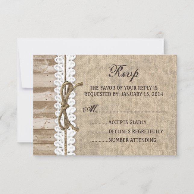Rustic Burlap Barn Wood Twine Casamento RSVP Card (Frente)
