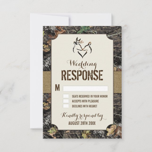 Rustic Burlap + Deer Hunting Camo RSVP Cards (Frente)
