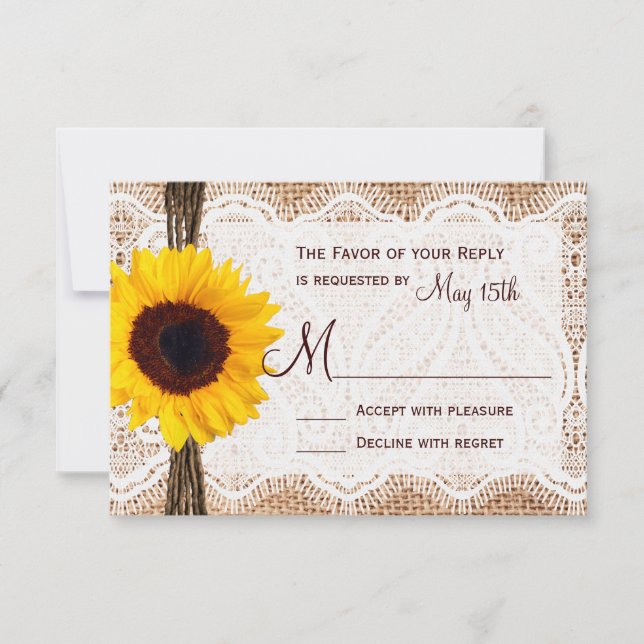 Rustic Burlap Lace Twine Sunflower Weding RSVP (Frente)