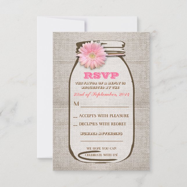 Rustic Burlap Mason Jar Pink Gerbera Weding RSVP (Frente)