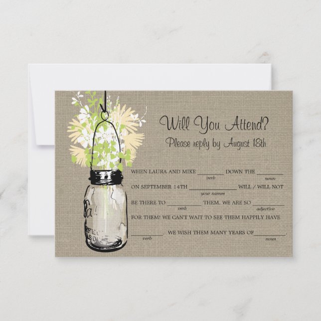 Rustic Burlap Mason Jar Wildflower LIB RSVP (Frente)