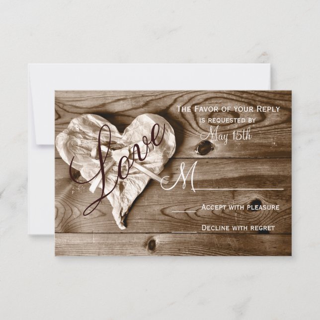Rustic Country Barn Wood Love Heart Wedt RSVP (Frente)