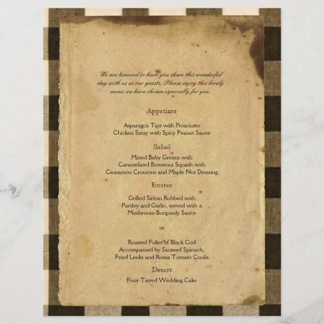 Rustic Country Black Sepia Checks Wedds Menu (Menu (Frente)