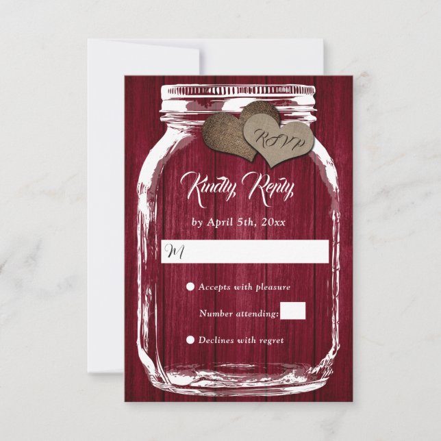 Rustic Country Burgundy Mason Jar Weding RSVP (Frente)