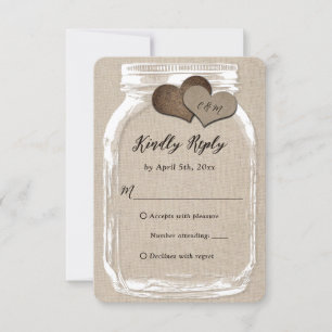 Rustic Country Burlap Heart Mason Jar Wedding RSVP