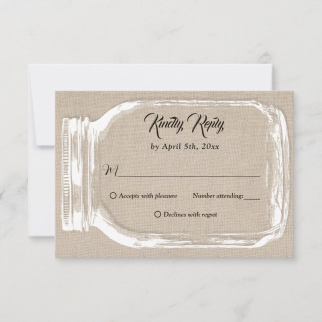 Rustic Country Burlap Heart Mason Jar Wedding RSVP (Frente)