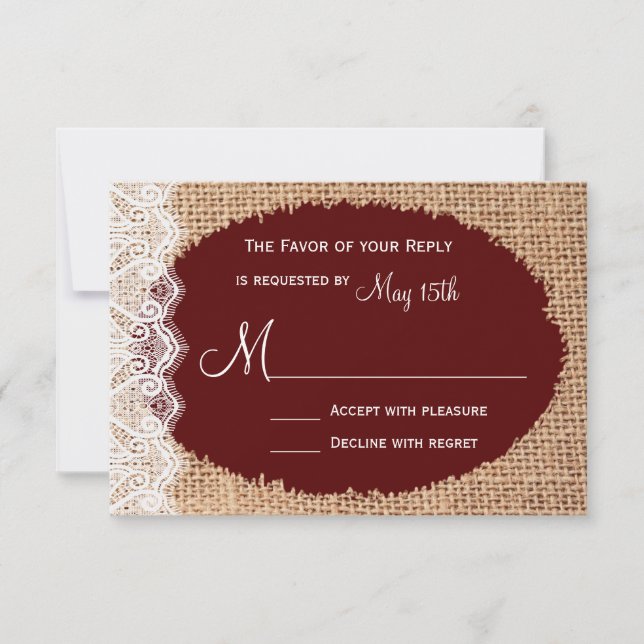 Rustic Country Burlap Lace Red Weding RSVP (Frente)