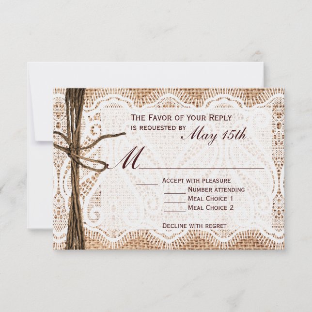 Rustic Country Burlap Lace Twine Casamento RSVP (Frente)