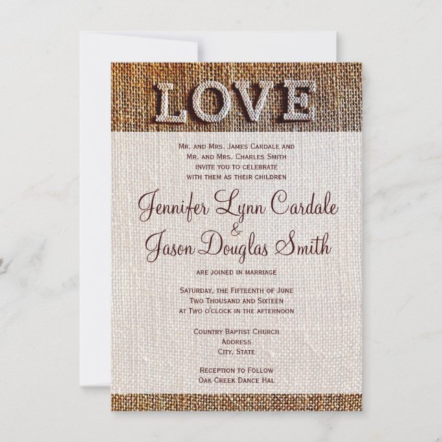 Rustic Country Burlap LOVE Convites De Casamento (Frente)
