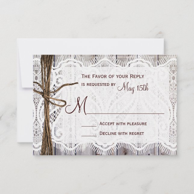 Rustic Country Lace Twine Wood Weding RSVP (Frente)