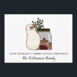 Rustic Country Snowman e Berries - Cartão de Féria<br><div class="desc">Rustic Country Snowman e Berries Holiday Card - Este Cartão de Natal de país rústico apresenta um boneco de neve primitivo e caprichoso com um boião de biscoitos de pão-de-gengibre e biscoitos de sagrado e de bagas. Nosso texto diz " Tenha um Natal Feliz" e seja personalizado com seu nome...</div>