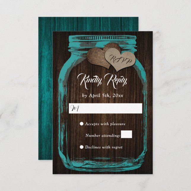 Rustic Country Teal Wood Mason Jar Weding RSVP (Frente/Verso)