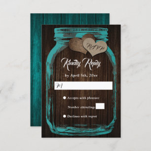 Rustic Country Teal Wood Mason Jar Weding RSVP