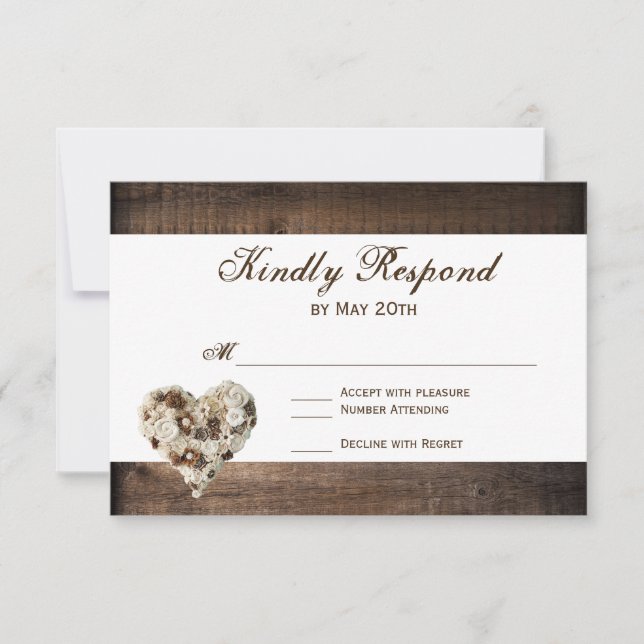 Rustic Country Wood Flower Heart Wedding RSVP (Frente)