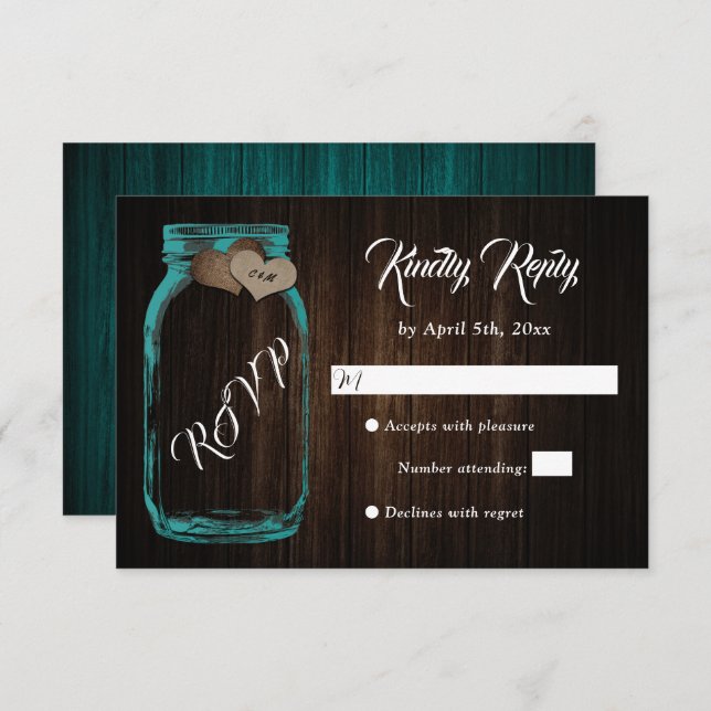 Rustic Country Wood Heart Mason Jar Wedding RSVP (Frente/Verso)