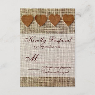 Rustic Country Wooden Hearts Burlap Wedding RSVP