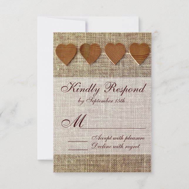 Rustic Country Wooden Hearts Burlap Wedding RSVP (Frente)
