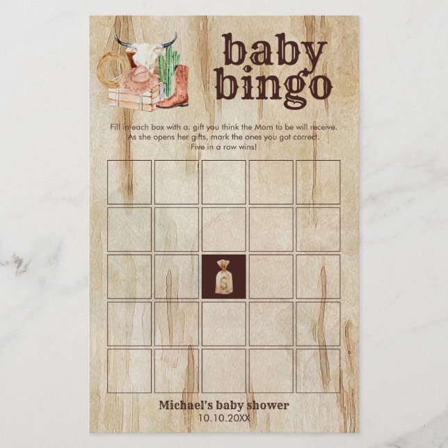 Rustic Cowboy Baby Shower Cactus Desert Bingo Game (Frente)