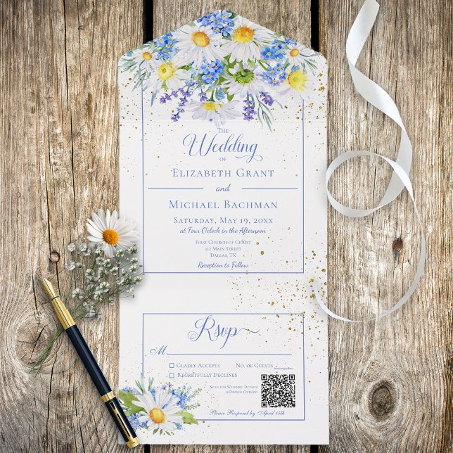 Rustic Daisies & Blue Floral Buquê Código QR (Criador carregado)