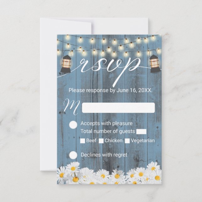 Rustic Daisies & Lantern Dusty Blue Weding RSVP (Frente)