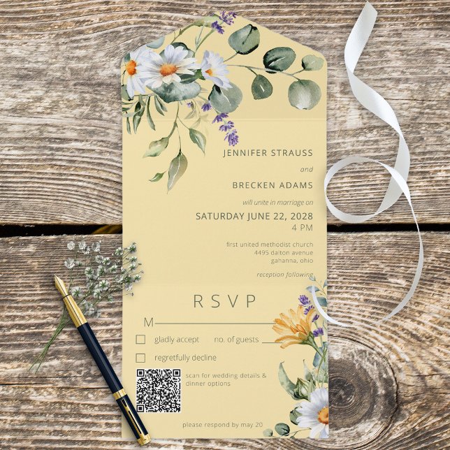 Rustic Daisy & Lavanda Floral Yellow Código QR (Criador carregado)