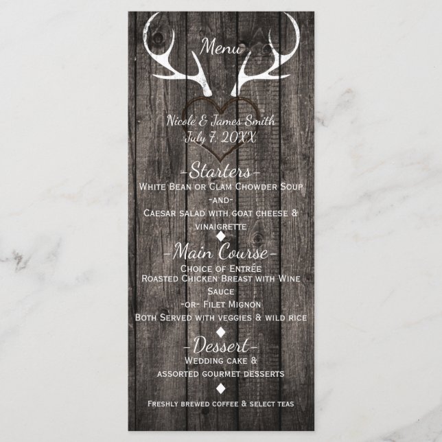 Rustic Deer Antlers & Carved Heart Weding Menu (Frente)