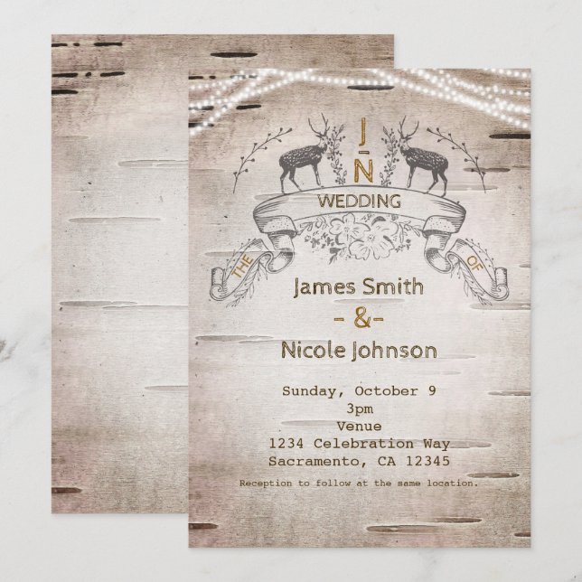 Rustic Deer & Branches Birch Wedings Convites (Frente/Verso)