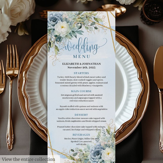 Rustic Dusty Blue Floral Dourado Menu de Casamento (Rustic Dusty Blue Floral Gold Glitter Wedding Menu

)